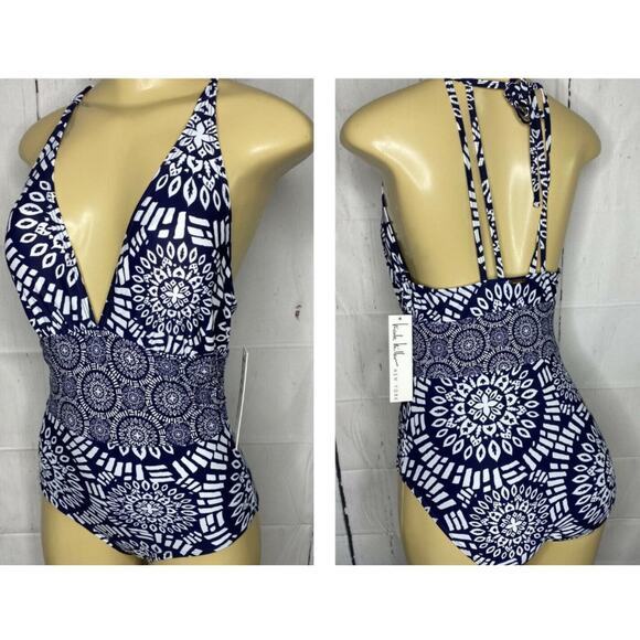 NICOLE MILLER Swimsuit Halter w/Gathered Sash Open Back Boho Print NWT - Picture 1 of 12